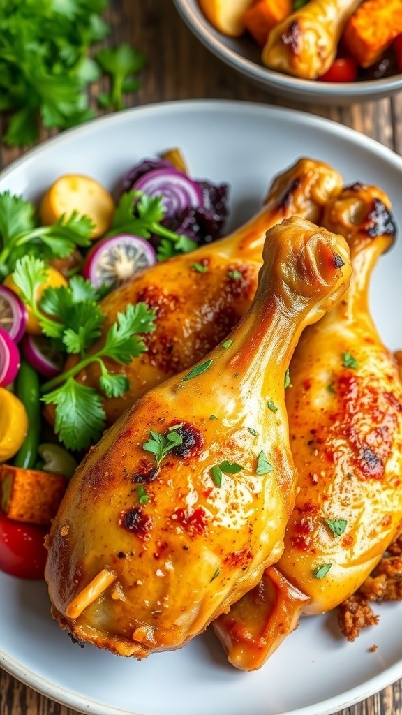 Baked chicken drumsticks on a plate, garnished with herbs, served with salad and roasted vegetables.